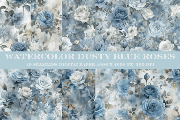 Dusty Blue Roses Digital Paper, Seamless