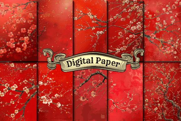 Red Cherry Blossom Digital Paper
