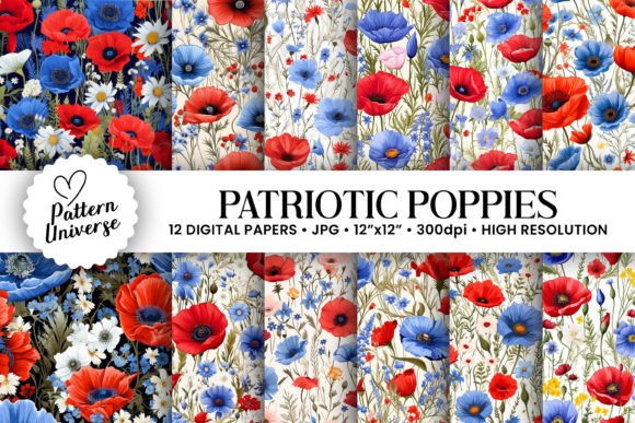 Unleash Your Creativity with Red Blue Patriotic Poppies Digital Paper