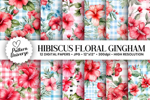 Watercolor Hibiscus Floral Gingham Paper
